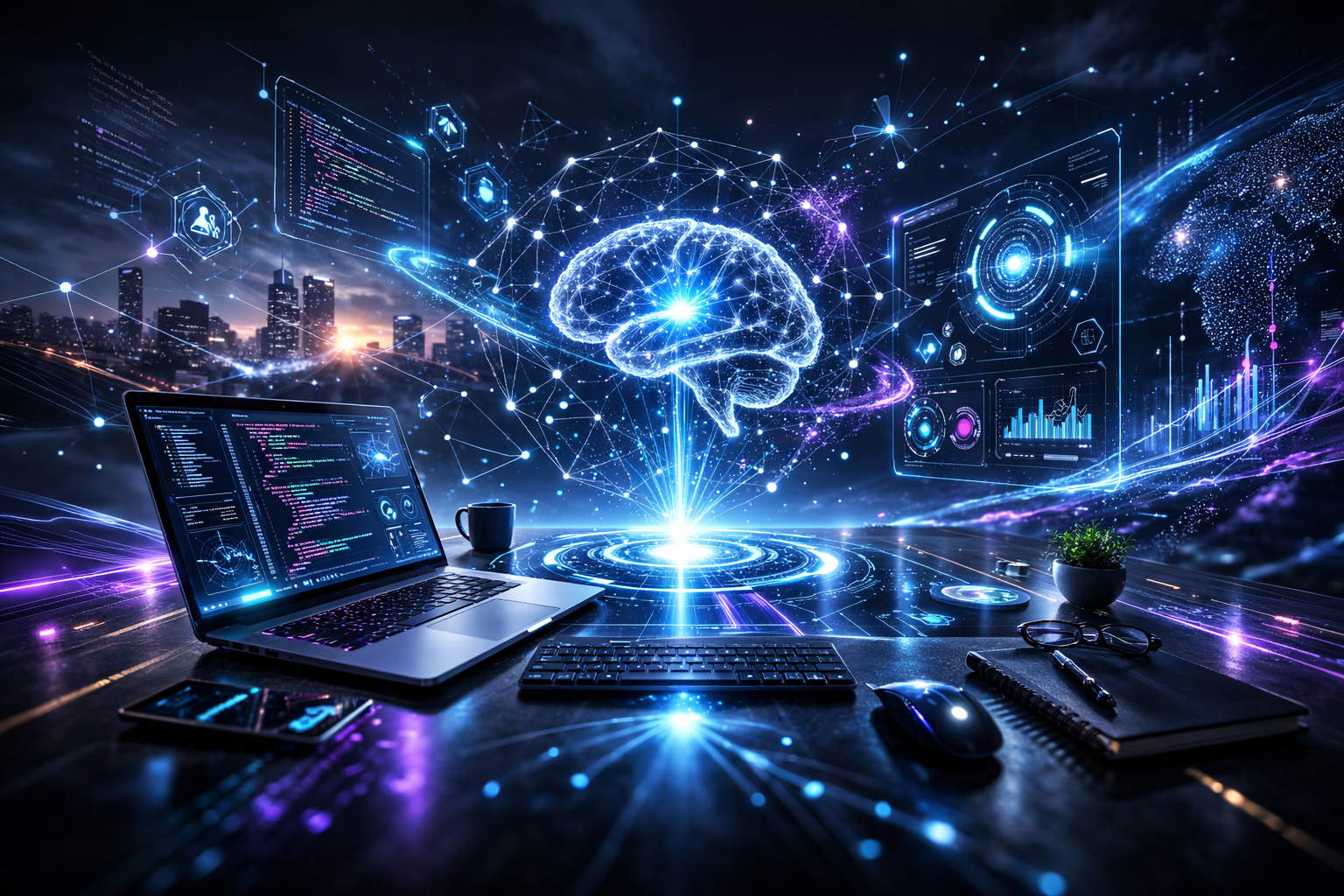 Futuristic developer workspace with holographic AI interfaces